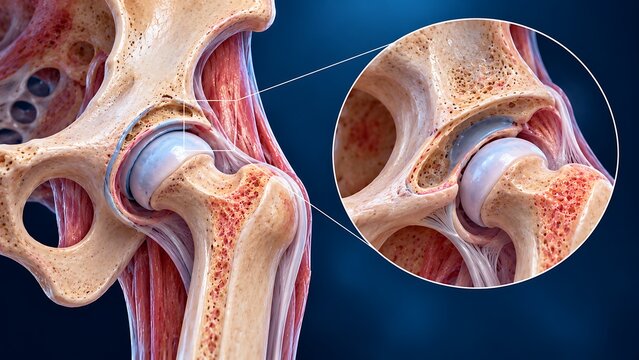 Human Hip Joint Anatomy Showing Femoral Head and Acetabulum Cross Section