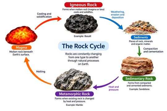 Natural Rock Cycle Diagram Showing Heat, Pressure, and Compaction