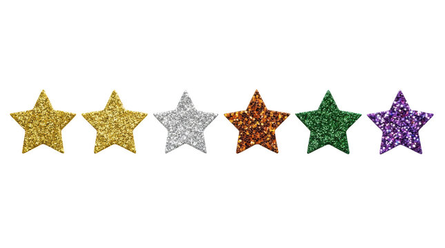 Six colorful glitter stars isolated on transparent background