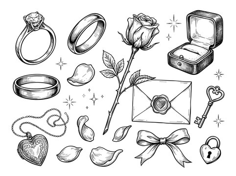 Hand drawn black ink sketch of diamond ring, rose, and valentine icon set, isolated on white background