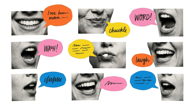 Collage of human mouths with colorful speech bubbles isolated on transparent background