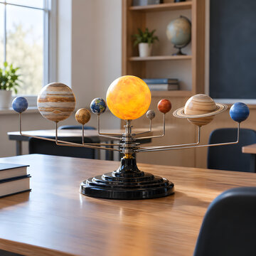 Solar system model on a classroom desk