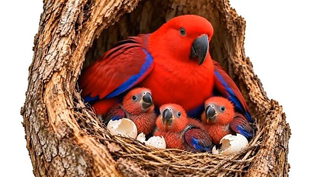 This is a video of an Eclectus Parrot &mdash; Eclectus roratus &mdash; in its nest with its chicks. 