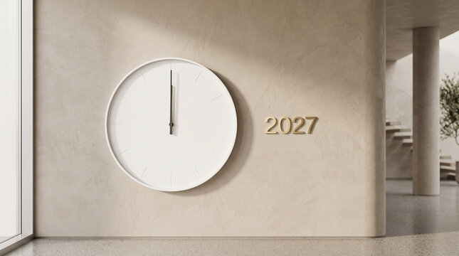 Minimalist white wall clock modern interior gold 2027 number clean design natural light countdown concept elegant architecture calm atmosphere future anticipation