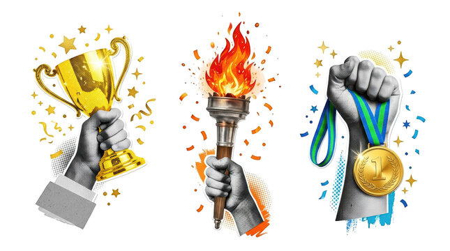 Hands holding trophy, torch, and gold medal isolated on transparent background