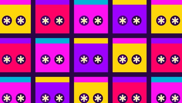 Brightly colored repeating grid squares each display paired white asterisk shapes on dark inset panels