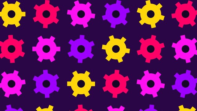 Colorful mechanical gear icons are arranged in a neat grid over a dark violet background