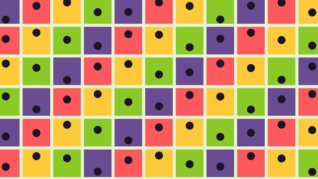 Colorful grid of squares with black dots arranged in a repeating geometric pattern.