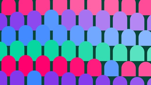Rows of colorful capsule shapes form a repeating geometric pattern across a dark background.