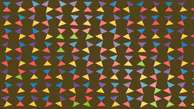 Multicolored triangular pinwheel motifs repeat in a seamless tessellation across a dark brown background.