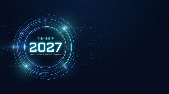 Futuristic digital countdown timer with glowing blue circular interface, displaying T minus 2027, technology background, modern and dynamic design for event or launch