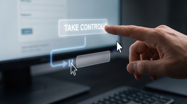 Computer-Use Agent - A human hand interacts with a digital interface, taking control from an AI cursor that hesitates, emphasizing collaborative technology and human decision-making.
