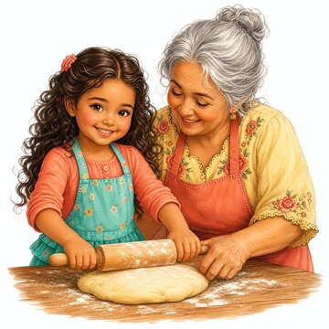 Latina Girl Rolling Sweet Bread Dough With Grandmother in Kitchen