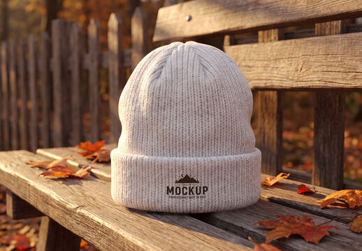 Ribbed Beanie Hat Mockup on Wooden Bench
