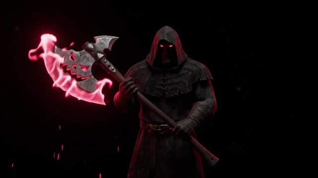 Sinister 4K Dark Warrior in Hood Swinging a Massive Flaming Pumpkin Axe with Glowing Red Eyes against a Black Background