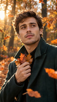Young man in a dark green coat holds several orange autumn leaves near his chest while standing in a sunlit forest, creating a warm seasonal portrait with drifting foliage and golden bokeh.