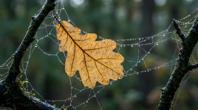 Yellow oak leaf rests within a delicate spiderweb stretched between mossy branches, with tiny dew droplets sparkling across the silk and soft green woodland bokeh filling the background.