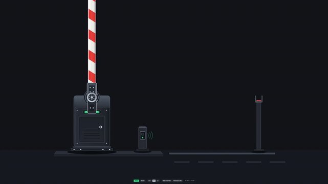 Technical industrial 2D vector animation of an automatic parking gate barrier raising from horizontal closed position to vertical open position and lowering back with LED status indicator, vehicle sen