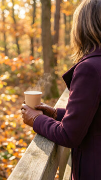 Woman in a burgundy coat holds a takeaway cup beside a wooden railing while looking into a sunlit autumn forest, creating a warm vertical lifestyle scene with golden foliage and soft bokeh.