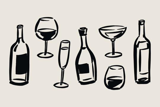 Wine Bottles and Glasses Hand Drawn Abstract Brush Art Set
