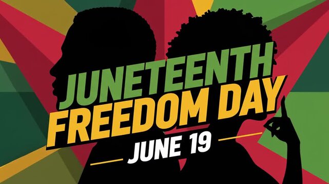 Juneteenth Celebration Silhouette with Black man and woman against vibrant Pan-African geometric background ideal for Black History Month and cultural diversity projects.