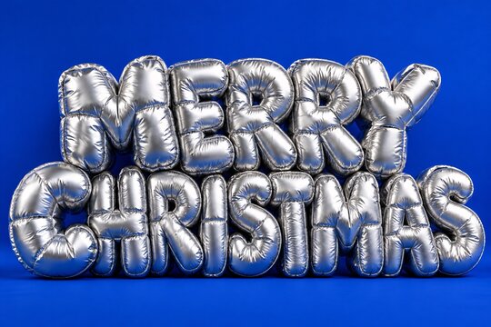 Silver foil balloons spelling out merry christmas are positioned against a bold solid blue backdrop