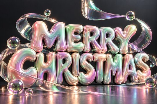 Iridescent balloon lettering displaying merry christmas with floating bubbles on a dark reflective