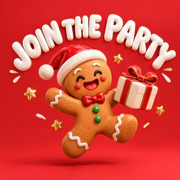 Cheerful gingerbread man holding a gift box with a red background and white join the party text