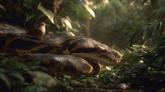 Large python resting peacefully in a lush green jungle with tiny brown bird perched closely