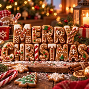 Merry christmas festive greeting spelled out in gingerbread cookies on a rustic wooden table