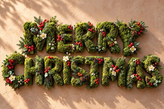 Merry christmas sign shaped from lush green foliage and bright red berries against a neutral