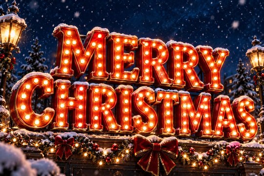 Glowing merry christmas sign illuminated with vintage marquee light bulbs outdoors in winter snowy