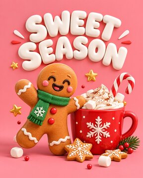 Cute gingerbread man cookie standing next to a hot cocoa cup with marshmallows on a festive pink