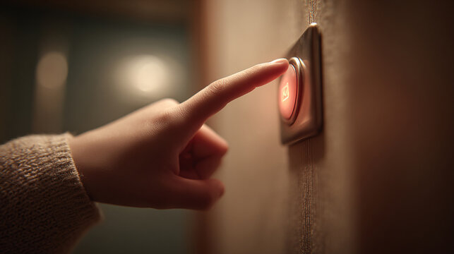 Human finger gently pushing round glowing red elevator button inside dim corridor at night