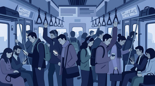 Diverse commuters on a crowded subway train absorbed in their digital devices