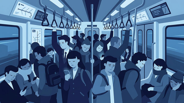 Diverse commuters standing inside a subway car during a quiet evening transit
