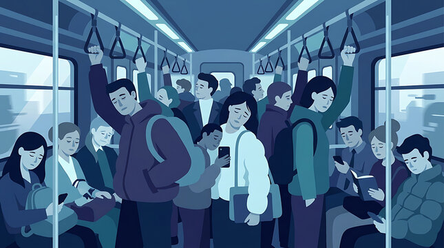 Tired commuters standing and sitting inside a crowded subway train carriage