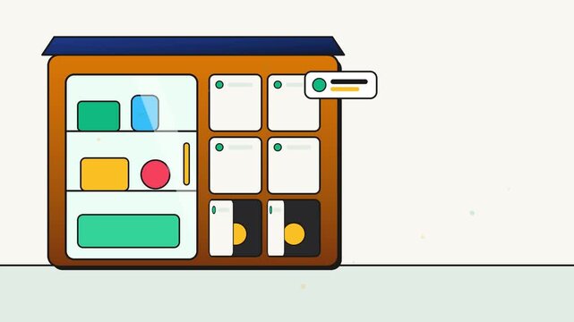 Solar powered mutual aid community fridge and automated temperature controlled pantry lockers sharing fresh local produce in 2D vector loop