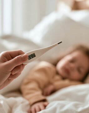Digital thermometer showing high fever of 39.8 degrees celsius with sick baby resting in bed in background