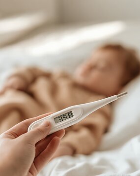 Digital thermometer showing high fever of 39.8 degrees celsius with sick baby resting in bed in background