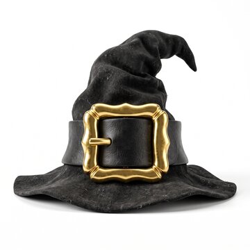 Witch hat with an oversized golden buckle for cartoonish design element, exaggerated fantasy concept, 3D rendering isolated on white background.
