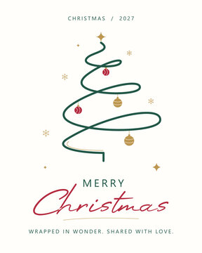 Minimalist Christmas 2027 poster with abstract green tree, holiday greeting, gold star, red ornaments and snowflakes, festive winter celebration concept of joy and love