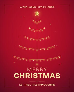Christmas poster with glowing golden lights forming a minimalist tree on red background, festive star and elegant greeting typography, concept of holiday celebration, warmth, joy and wonder