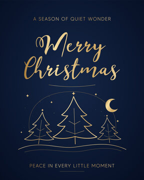 Christmas poster with golden trees, crescent moon and stars on navy background, elegant greeting typography creating a peaceful winter night, concept of holiday wonder, serenity and celebration