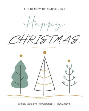 Minimalist Christmas poster with stylized trees, festive holiday greeting typography and golden stars on white background, concept of simple joy, warmth, peace and seasonal celebration
