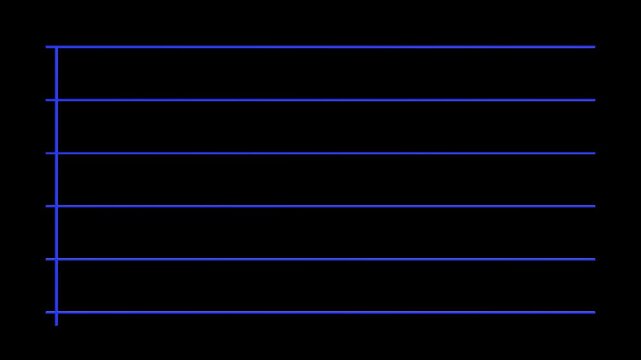 4K loop animation of evenly spaced blue horizontal lines with empty space meet a vertical margin line on transparent background for overlay on video, alpha channel, write text, marketing, statistics