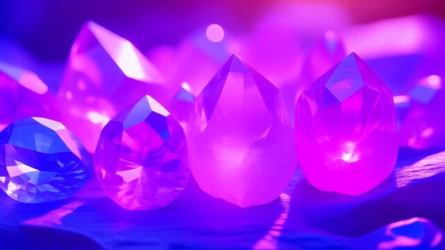 Vibrant amethyst and rose quartz crystals shimmer with ethereal luminescence, creating a mesmerizing display of natural beauty and geological wonder under enchanting, mystical purple and blue