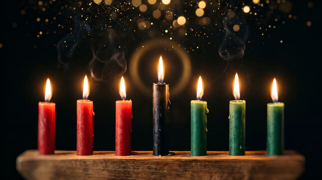 Kwanzaa for African-American cultural holiday celebration with candle light of seven candle sticks in black, green, red symbolising 7 principles of African Heritage