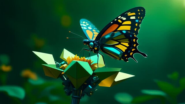 A vibrant monarch butterfly with striking orange, yellow, and blue patterns delicately lands on an abstract geometric green flower, its wings gracefully spread amidst a softly blurred verdant