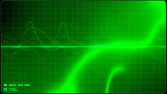Dynamic waveform visualizations displayed on a glowing green electronic monitor screen, showcasing complex data patterns and scientific readings with vibrant energy flowing across the interface